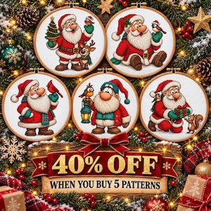 May include: Five circular cross-stitch patterns featuring Santa Claus in various holiday scenes with animals and festive items. A red banner across the bottom displays the text 40% OFF WHEN YOU BUY 5 PATTERNS against a background of pine branches.