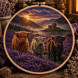 Cross Stitch Pattern, Highland Cows in Scottish Heather Landscape PDF