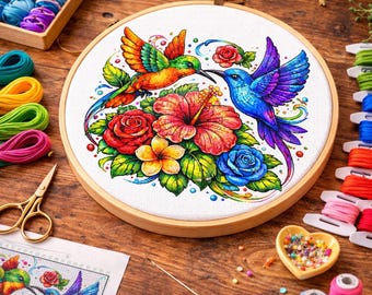 Cross Stitch Pattern Hummingbird Pair with Tropical Flowers PDF