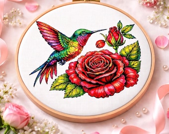 Cross Stitch Pattern Rainbow Hummingbird Rose PDF