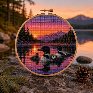 Loon Family Cross Stitch Pattern PDF, Sunset Lake and Mountain Embroidery Chart