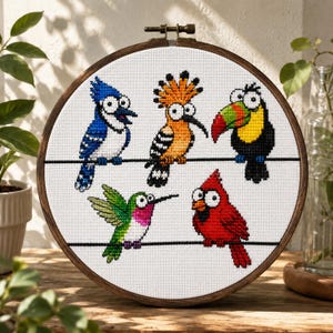 Funny Birds Cross Stitch Pattern PDF, Colorful Bird Embroidery Chart