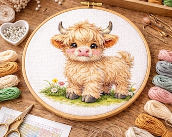 Wzór do haftu krzyżykowego: puszysta krówka, cielę szkockie, wzór PDF