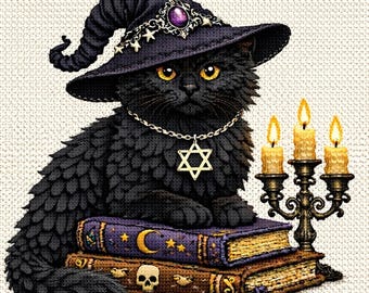Cross Stitch Pattern Black Cat in Witch Hat on Spell Books PDF