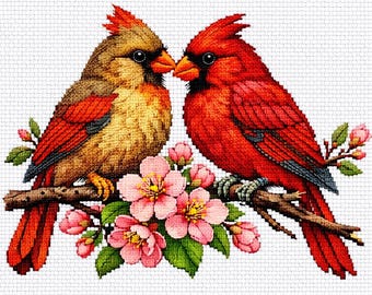 Cross Stitch Pattern Cardinal Pair, Red Birds on Blossom Branch PDF