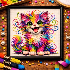 May include: A framed diamond painting kit featuring a vibrant, multi-colored kitten with large green eyes and an open mouth. The artwork displays swirling rainbow-colored fur patterns, set against a light-colored canvas background.