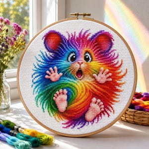 Korsstygnsmönster med regnbågsmus i PDF-format, broderidiagram med söta fluffiga djur