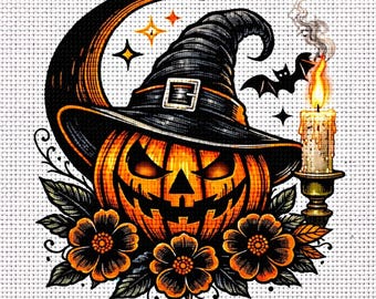 Cross Stitch Pattern Witchy Pumpkin Halloween Decor PDF