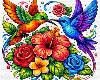 Cross Stitch Pattern Hummingbird Pair with Tropical Flowers PDF