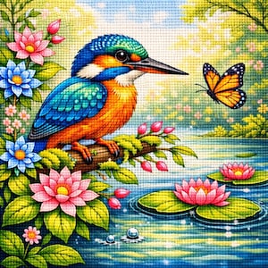 May include: A cross-stitch image of a kingfisher bird with blue, turquoise, and orange plumage, perched on a branch. The scene includes pink and blue flowers, a butterfly, and a pond. The artwork has a vibrant, colourful aesthetic.