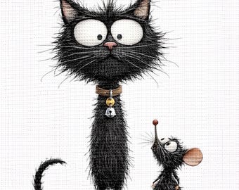 Cross Stitch Pattern Big Eyed Black Cat, Mouse Friend PDF Pattern