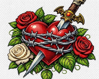Cross Stitch Pattern Gothic Heart and Dagger, Rose Skull PDF Pattern