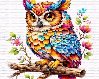 Cross Stitch Pattern Whimsical Colorful Owl, Bird on Branch PDF