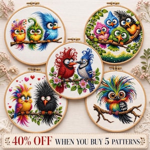 Peut inclure: Cinq tambours à broder circulaires présentant des motifs au point de croix d'oiseaux colorés aux grands yeux perchés sur des branches. Les motifs incluent divers couples et groupes d'oiseaux au plumage vif. Une bannière indique 40% OFF WHEN YOU BUY 5 PATTERNS.