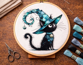 Cross Stitch Pattern Whimsical Witch Cat PDF