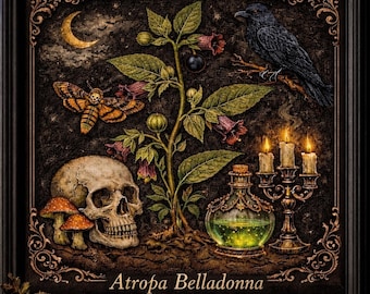 Cross Stitch Pattern Belladonna Raven Skull, Gothic Witchy Botanical PDF