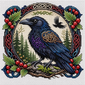 May include: Cross-stitch design of a dark blue raven perched on a mossy branch, framed by a Celtic knot border with red berries and green leaves. The raven has intricate feather details and a gold and purple design on its chest.