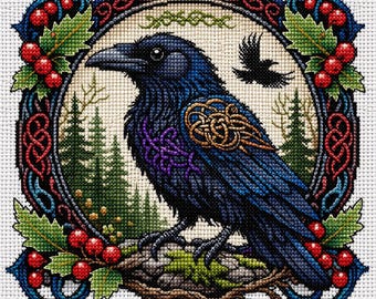 Cross Stitch Pattern Raven with Holly and Celtic Knot PDF