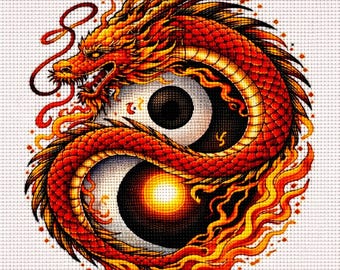 Cross Stitch Pattern Fire Dragon Yin Yang PDF