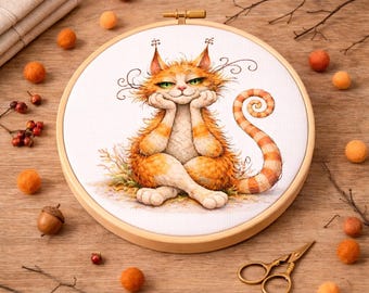 Cross Stitch Pattern Whimsical Orange Cat PDF