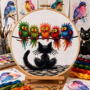 May include: A circular wooden embroidery hoop containing a cross-stitch pattern of five colourful, spiky-feathered birds perched on a black line above a silhouette of a black cat sitting on a cobblestone surface, all on white fabric.