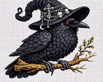 Cross Stitch Pattern Gothic Raven with Witch Hat PDF
