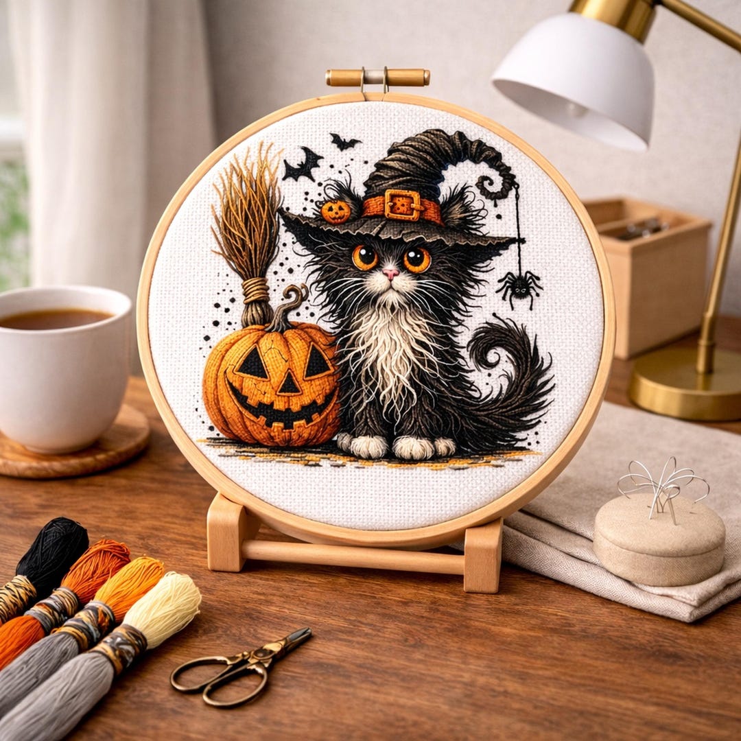 Cross Stitch Pattern Spooky Black Cat, Witch Hat PDF, Halloween Decor ...