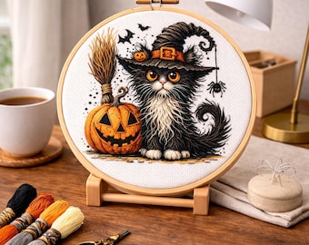 Cross Stitch Pattern Spooky Black Cat, Witch Hat PDF, Halloween Decor Design