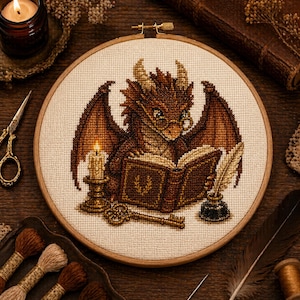May include: A circular wooden embroidery hoop containing a cross-stitch pattern of a brown dragon wearing round glasses, reading an open book. The scene includes a lit candle in a gold holder, a gold skeleton key, and an inkwell with a quill pen.