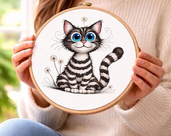 Cross Stitch Pattern Big Eyed Cat, Black White Striped Kitty PDF