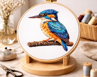 Cross Stitch Pattern Blue Kingfisher on Branch PDF