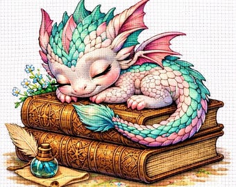 Cross Stitch Pattern Sleeping Baby Dragon on Books, Fantasy PDF Pattern