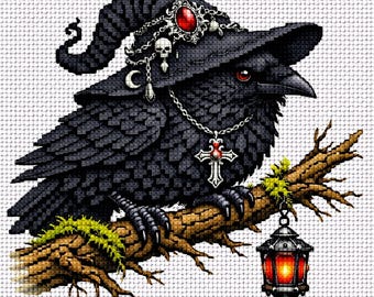 Cross Stitch Pattern Raven in Witch Hat with Lantern PDF