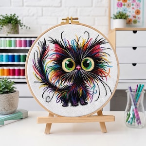 May include: A circular wooden embroidery hoop containing a cross-stitch pattern of a fluffy, black cat with large, bright green eyes and vibrant, multi-colored fur accents. The cat is depicted with long, wispy whiskers and a spiky, colorful coat.