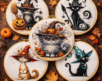 Cross Stitch Pattern Halloween Witch Cats Bundle, 5 PDF Patterns