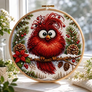 May include: A circular wooden embroidery hoop containing a cross-stitch pattern of a fluffy red bird with large eyes perched on a branch. The design includes green pine needles, brown pinecones, red berries, and a red poinsettia flower.