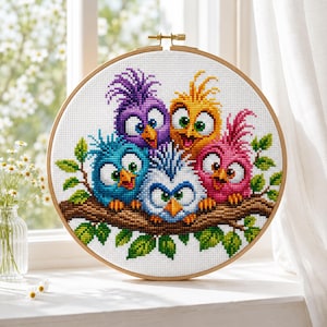 Funny Bird Family Cross Stitch Pattern PDF, Colorful Cartoon Birds Embroidery Chart