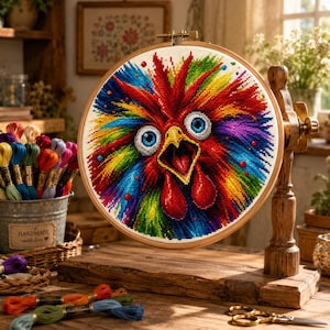 Peut inclure: Un tambour à broder circulaire en bois contenant un motif au point de croix représentant un coq aux plumes multicolores éclatantes rayonnant vers l'extérieur. Le coq a de grands yeux bleus et un bec jaune. Un support en métal soutient le tambour.