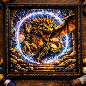 May include: A framed artwork featuring a detailed illustration of a green and gold dragon with open jaws, set within a glowing blue and white energy circle. The dragon has orange wings and is set against a fantasy background. The frame is brown.
