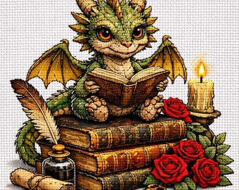 Cross Stitch Pattern Reading Dragon on Antique Books PDF
