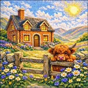 Könnte beinhalten: Kreuzstich-Darstellung eines Backsteinhauses mit Schieferdach, Holzzaun und Highland-Kuh. Bunte Blumen, ein sonniger Himmel und Hügel bilden die ländliche Szene. Ein idyllisches Bild für Wanddekoration.