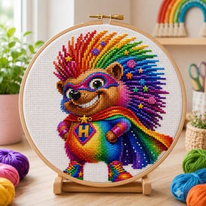 May include: A circular wooden embroidery hoop containing a cross-stitch pattern of a superhero hedgehog. The hedgehog features rainbow-colored quills, a purple mask, a cape, and a chest emblem with the letter H, all rendered in vibrant thread.