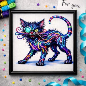 May include: A framed cross-stitch of a black cat with a steampunk aesthetic. The cat has a monocle, and its body is decorated with colorful circuit board patterns. The artwork is set against a white background, with the words "For you" in the upper right corner.