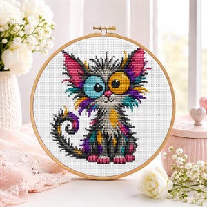 Rolig färgglad katt korsstygnsmönster PDF, broderidiagram för storögd kattunge