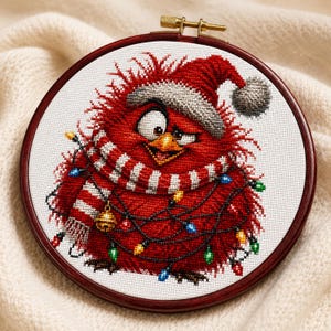 May include: A circular wooden embroidery hoop containing a cross-stitch pattern of a round, fluffy red bird wearing a grey Santa hat and a red and white striped scarf. The bird is tangled in a string of colorful Christmas lights with a gold bell.