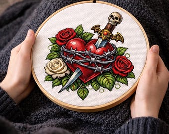 Cross Stitch Pattern Gothic Heart and Dagger, Rose Skull PDF Pattern