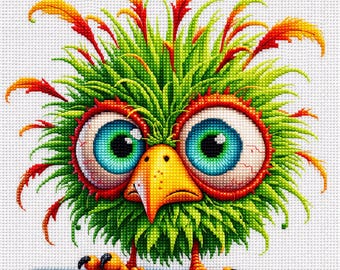 Cross Stitch Pattern Funny Green Chick, Big Eyed Fluffy PDF
