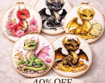 Cross Stitch Pattern Fantasy Dragon Bundle, 5 Baby Dragon PDFs