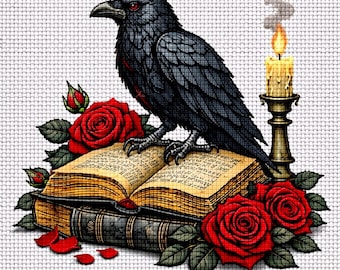 Cross Stitch Pattern Gothic Raven Bookish Rose Art PDF
