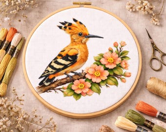 Cross Stitch Pattern Hoopoe Bird on Blossom Branch PDF